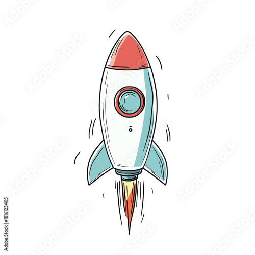 Hand drawn cartoon rocket launching with red nose cone and blue fins blasting off with fire flames in minimalist vector style