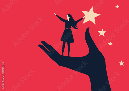 Businesswoman standing on large hand holding star with additional stars floating on red background symbolizing success achievement recognition and empowerment concept in flat vector style