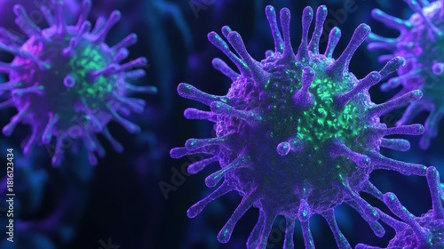 Fototapeta Naklejka Na Ścianę i Meble -  Detailed 3d illustration of microscopic virus particles showing spiky structures with glowing details in a dark blue background