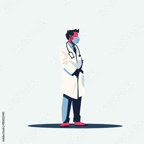 Male doctor wearing face mask and white coat with stethoscope standing confidently in medical environment minimalist vector illustration