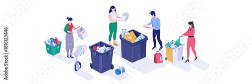 Isometric people sorting recyclable plastic paper glass trash into separate bins flat minimalist vector illustration environmental waste management concept