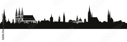 Black silhouette skyline of Munich city featuring iconic historical buildings and churches in flat minimalist vector style for travel and architecture design concept