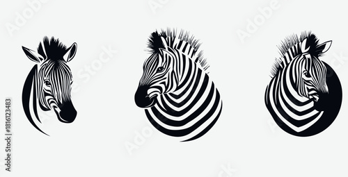 Set of three minimalist zebra head portraits with bold black and white stripes in flat vector style isolated on white background for wildlife and animal design concepts