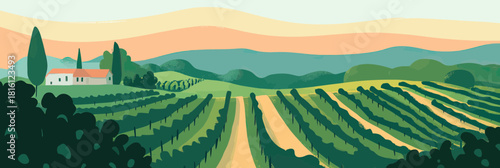 Panoramic vineyard landscape with rows of grapevines, farmhouse, rolling hills, and cypress trees in flat minimalist vector style