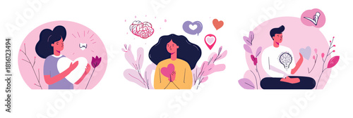 Mental health concept illustration set with diverse people practicing self love, meditation, emotional care, acceptance, and mindfulness in flat minimalist style