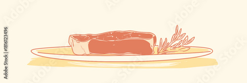 Minimalist single line drawing of fresh rib eye steak on plate with rosemary garnish flat vector illustration food concept