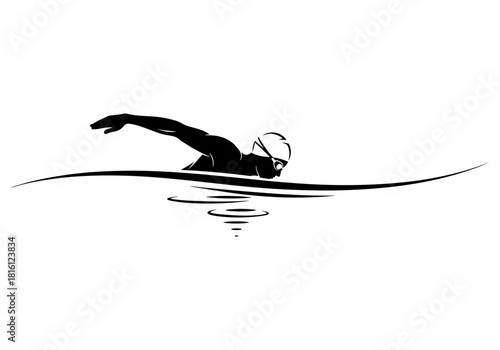 Elegant silhouette of competitive swimmer in motion above water surface
