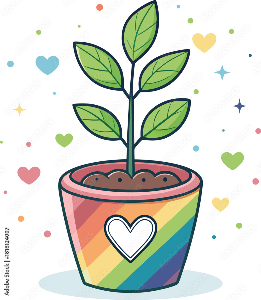 Obraz premium A vibrant potted plant with green leaves in a rainbow-colored pot adorned with a white heart, symbolizing growth, love, and diversity