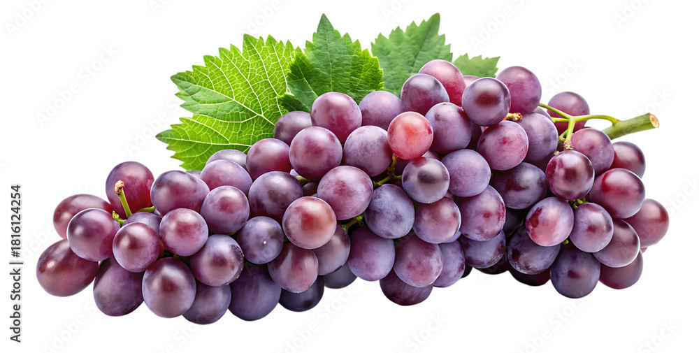 Fototapeta premium A vibrant cluster of red grapes, adorned with fresh green leaves, rests elegantly isolated on transparent background, showcasing their natural beauty and inviting a taste of their sweet, juicy flavor