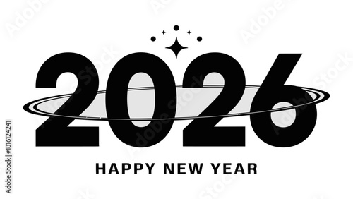 New Year's Greetings 2026: A minimalist design featuring the year 2026, accompanied by a festive Happy New Year message. The artwork is clean, modern, and celebratory.