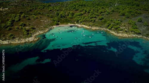 Aerial Panorama of Blue Lagoon Boat Activity in Summer, Greece