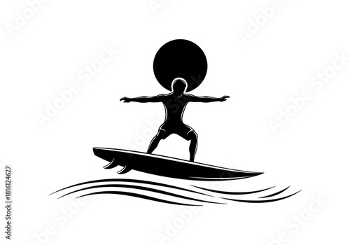 Silhouette surfer riding waves against sunset