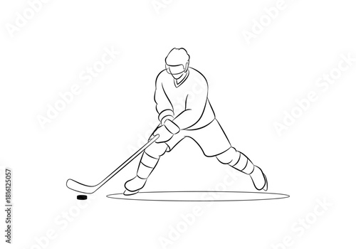 Minimalist line art of hockey player in action dribbling puck on ice