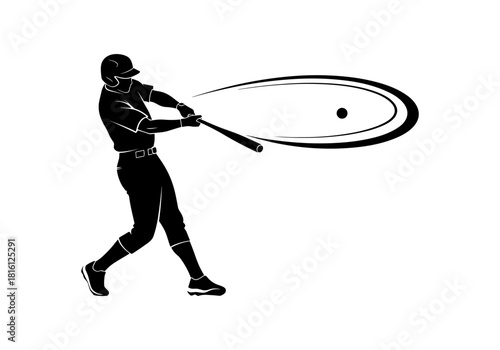 Silhouette of a baseball player hitting a ball with dynamic motion effect
