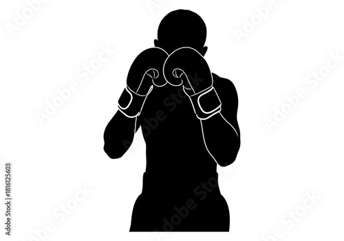 Boxing silhouette with gloves in fighting stance on white background