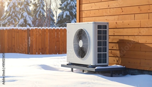 Modern heat pump unit outside a wooden house in winter.