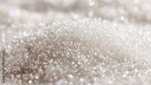 A dazzling close-up of sparkling white granular crystals, likely sugar or salt, with a soft, bokeh background.