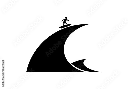 Surfer silhouette on giant wave crest in minimal black and white design