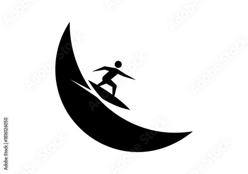 Silhouette of surfer riding wave on abstract curve design