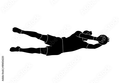 Silhouette of a diving goalkeeper saving a soccer ball on a white background