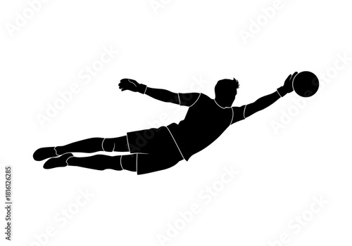 Dynamic soccer goalkeeper silhouette making a dive save with a ball