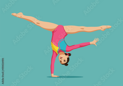 Graceful gymnast performing handstand in colorful leotard on aqua background