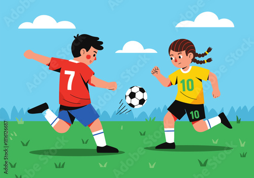 Kids playing soccer on a sunny day in cartoon style