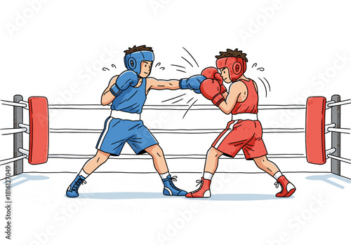 Two boxers sparring in the ring with protective gear and determined expressions