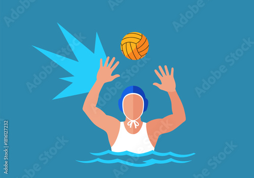 Water polo player reaching for ball in pool with dynamic blue splash