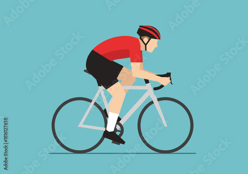 Flat design cyclist in red jersey riding a road bike on blue background