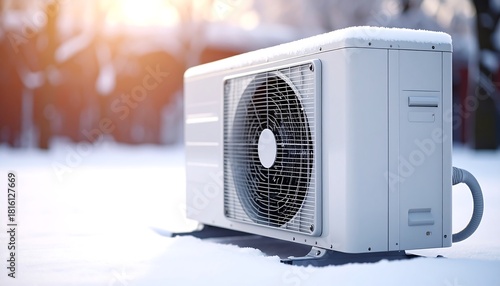 Outdoor heat pump unit in winter snow.