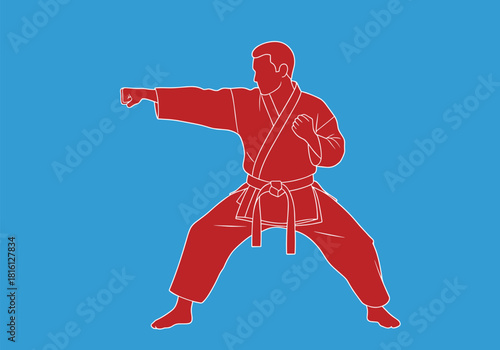 Karate silhouette: red and blue martial arts pose with dynamic energy