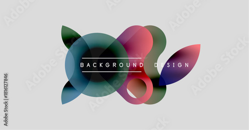 Abstract colorful shapes overlap, creating dynamic visual effect. Background features gradients, modern design elements.