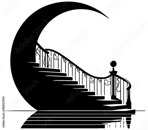A striking black and white staircase features ornate railing posts and evenly spaced balusters, creating dramatic lines and a deep shadow. This architectural detail conveys elegance,