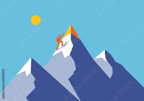 Climber ascends mountain peak under sun in flat design art