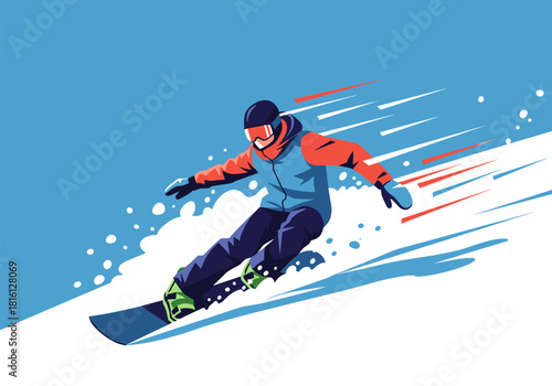 Snowboarder carving downhill in dynamic pop art style on bright winter day