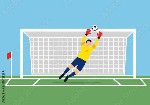 Goalkeeper leaping to save soccer ball on field with goal net and red flag