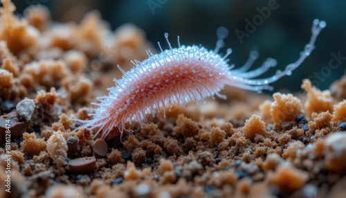 Captivating close-up of a mysterious pink marine worm with intricate details resting on seabed