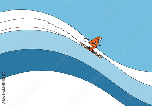 Dynamic skiing action on snowy slope in minimalist art style