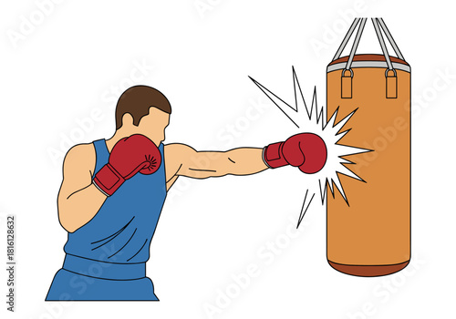 Boxer training with punching bag in dynamic flat style