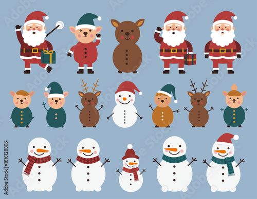 Delightful collection of festive Christmas characters, featuring joyful Santa Claus, playful elves, cute reindeer, and classic snowmen, perfect for holiday vector designs and winter projects