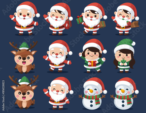 Charming Christmas character illustrations Santa Claus, reindeer, elves, snowmen. Adorable vector set for festive holiday designs and seasonal projects