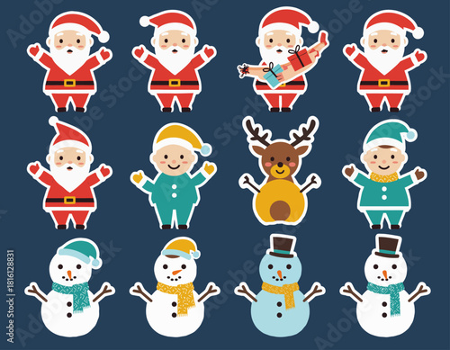 Festive holiday character vector collection featuring Santa Claus, snowmen, children, and reindeer. Ideal for Christmas graphic designs and winter season projects