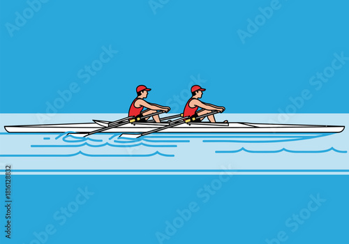 Dynamic duo rowing: linear style with blue water background