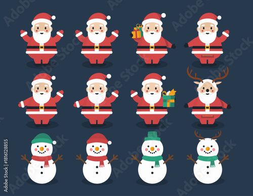 Adorable festive Christmas characters collection with cheerful Santa Claus, cute snowmen, and charming reindeer illustrations, perfect for holiday greetings and winter designs