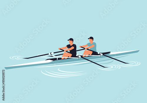Minimalist design of two athletes rowing in synchrony on aquatic surface