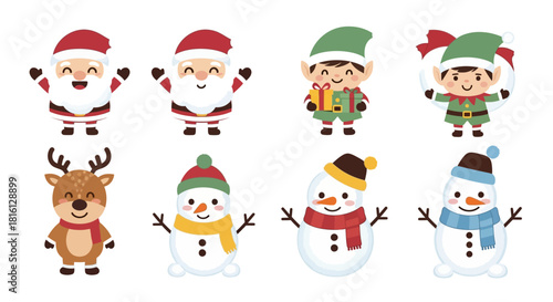 Cheerful Christmas Character Vector Collection featuring Santa Claus, Elves, Reindeer, and Snowmen for Festive Holiday Designs