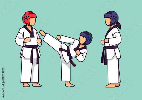 Karate training match: martial arts fighters in action with protective gear