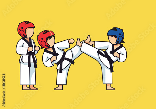 Cartoon karate kids sparring in martial arts training session