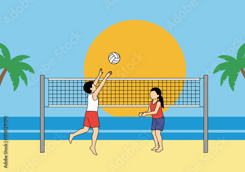 Beach volleyball game at sunset with palm trees and ocean background